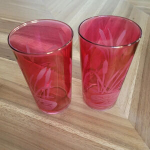 Vintage Cranberry Red Water Lily Marsh Cattail etched glass drinking tumblers x2
